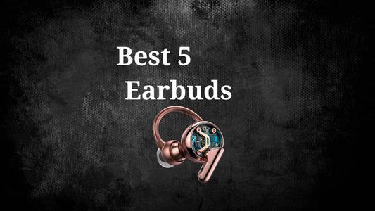 Image with in-ear style headphones, earbud model with the phrase best 5 above