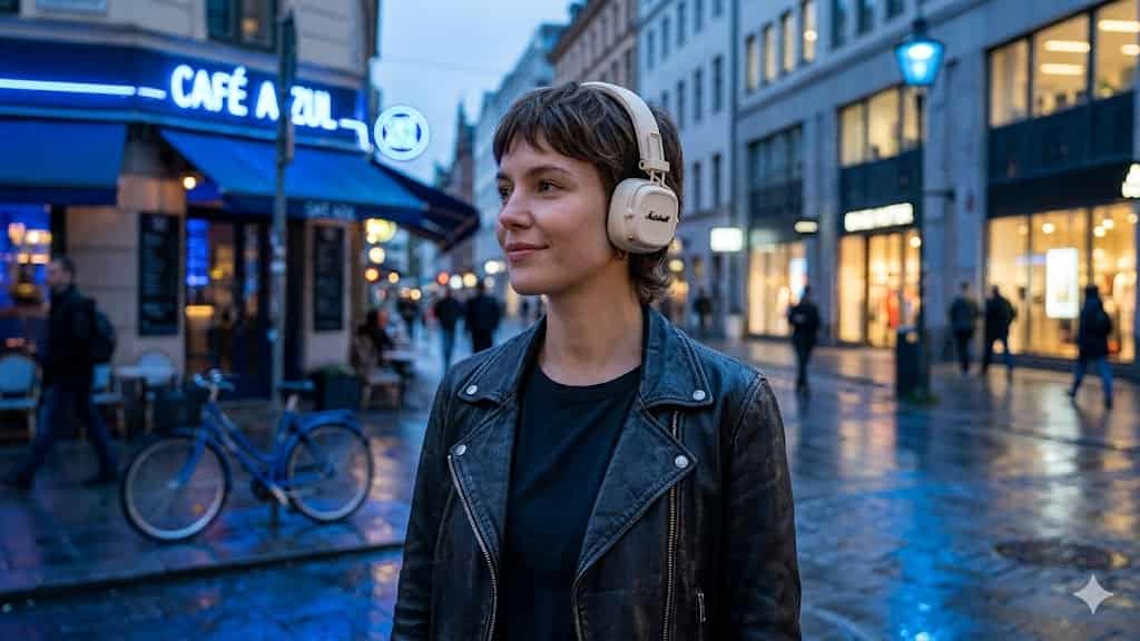 Major V headphone worn by a woman in a leather jacket walking on a street at dusk