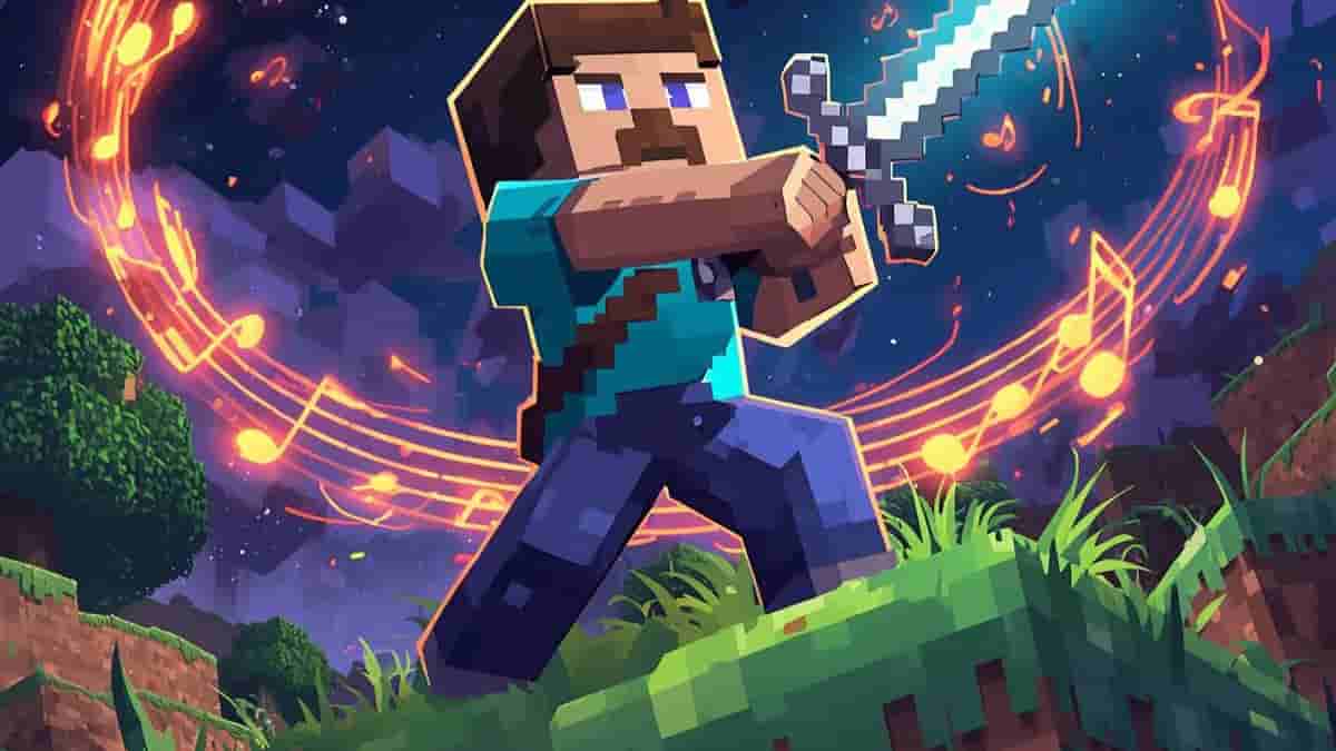 Minecraft Movie OST - Original Sound Track - Warrior in 2d grabbing a sword surrounded by musical notes