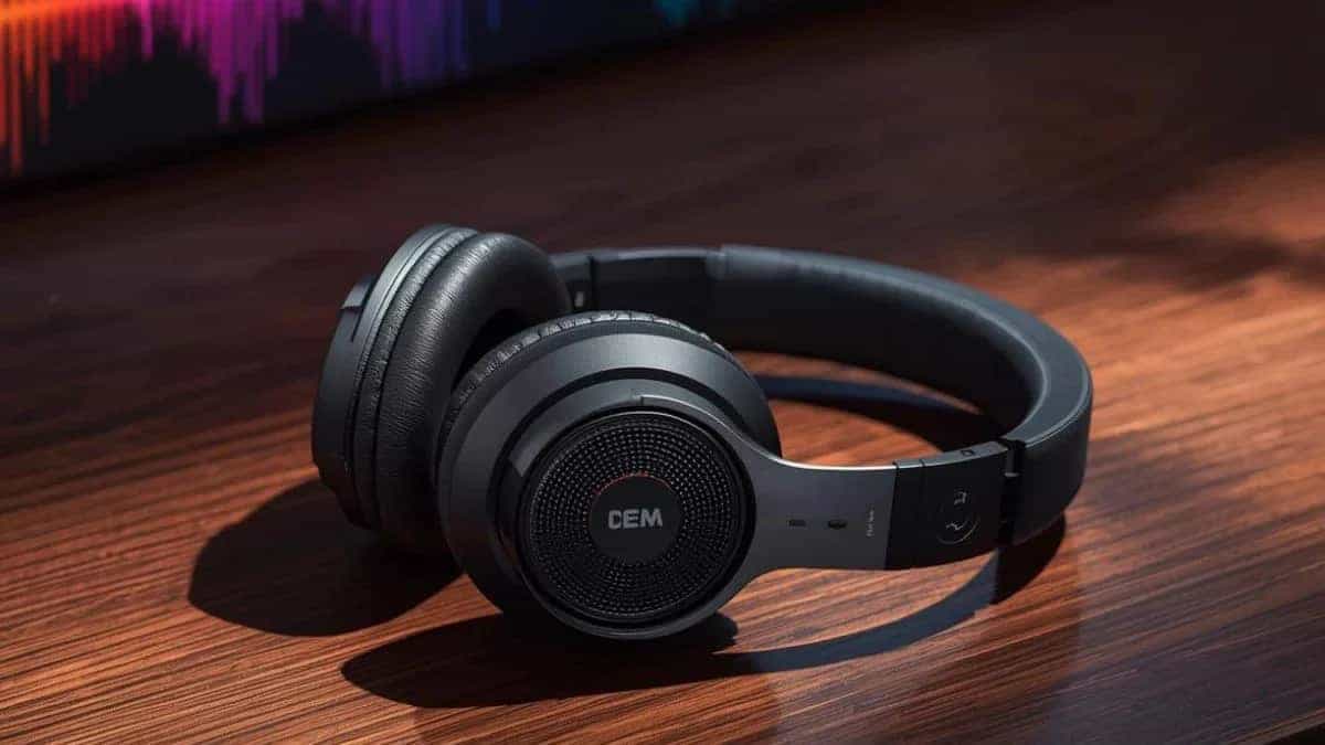 OEM Product: Headphone black over-ear with leather ear cushions on wooden table. 