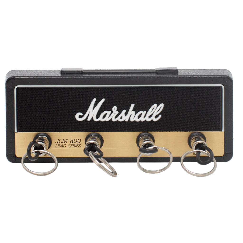 Key Holder inspired in the amplifier JCM 800 in Black and Brass color with logo of the brand in the midle