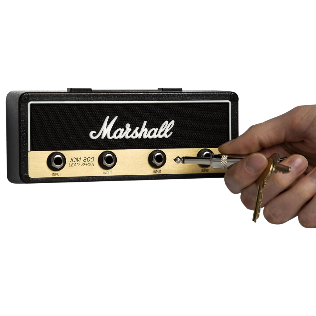 Key Holder inspired in the amplifier JCM 800 in Black and Brass color with logo of the brand in the midle