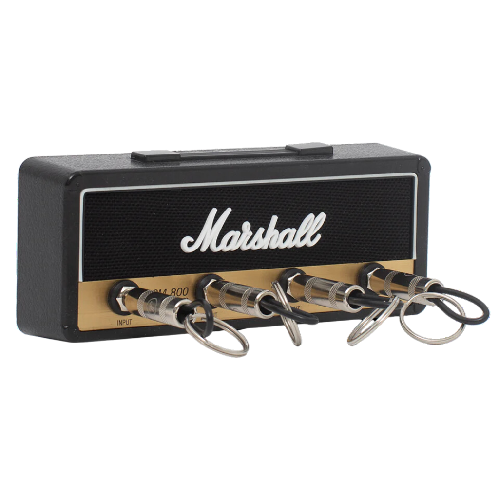 Key Holder inspired in the amplifier JCM 800 in Black and Brass color with logo of the brand in the midle