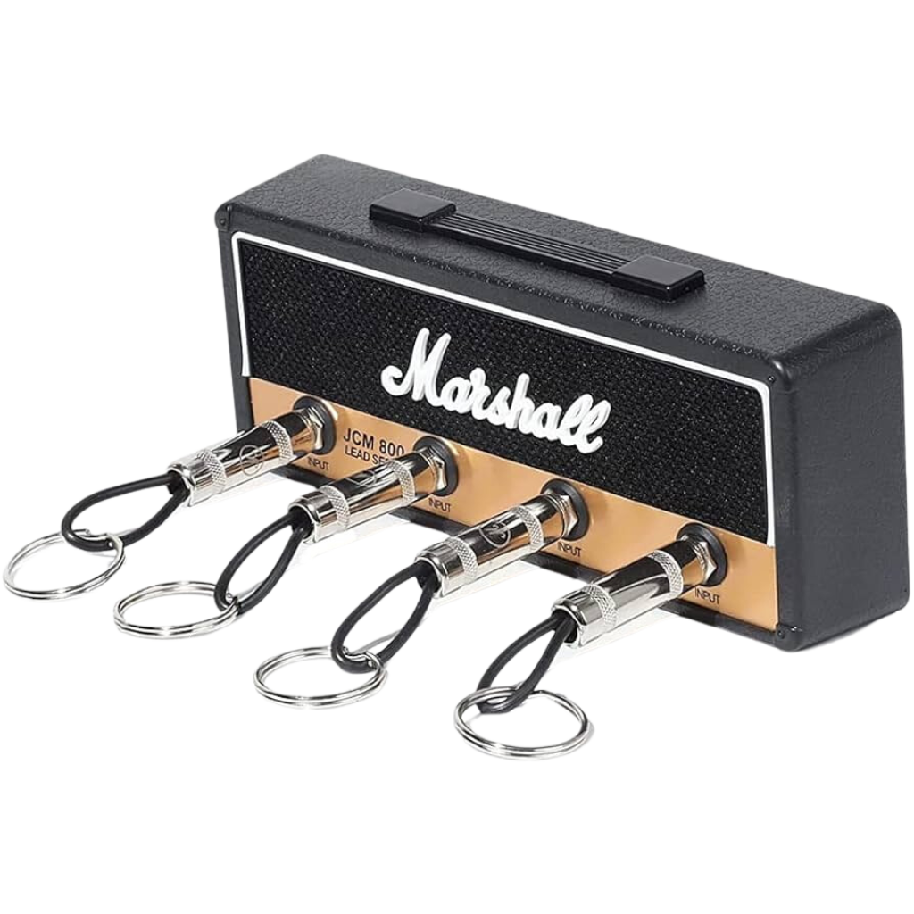 Key Holder inspired in the amplifier JCM 800 in Black and Brass color with logo of the brand in the midle