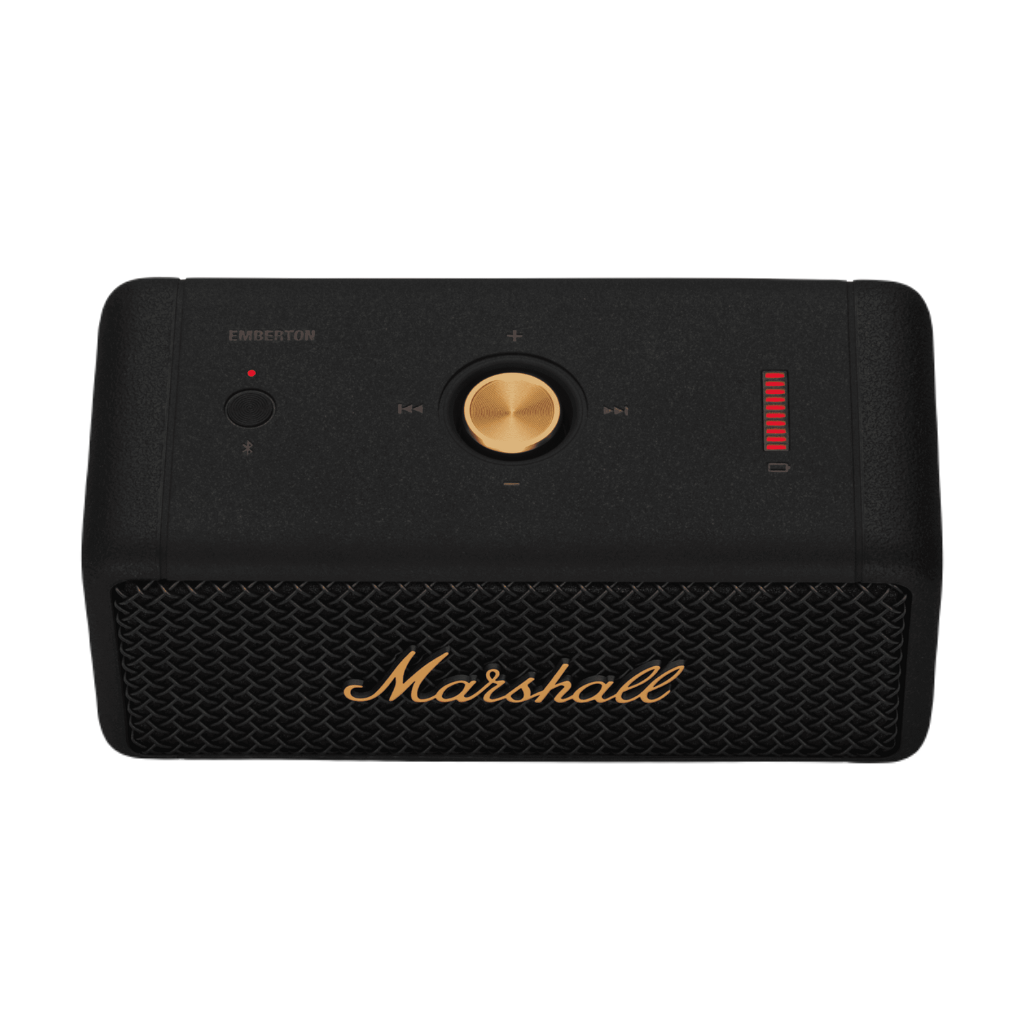 Bluetooth Speaker Emberton I Black and Brass. Battery with 20h playback, 360º Sound and waterproof material.