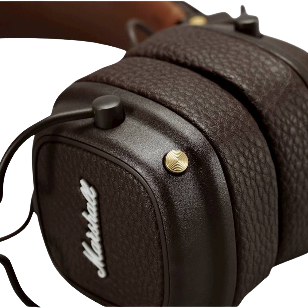 Wireless Headphone Major III brown Knob button detail. Bluetooth Headset with 30h of play time.