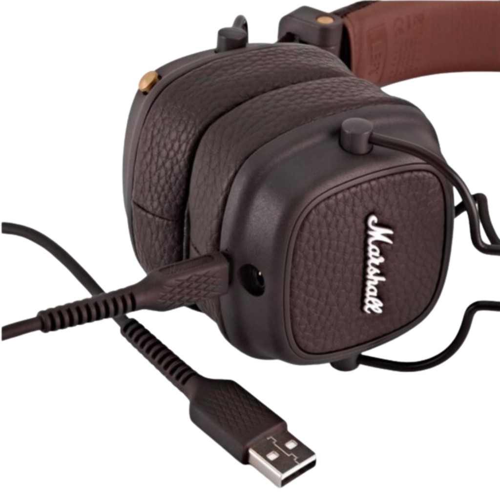 Wireless Headphone Major III brown showing the charging USB cable. Bluetooth Headset with 30h of play time.