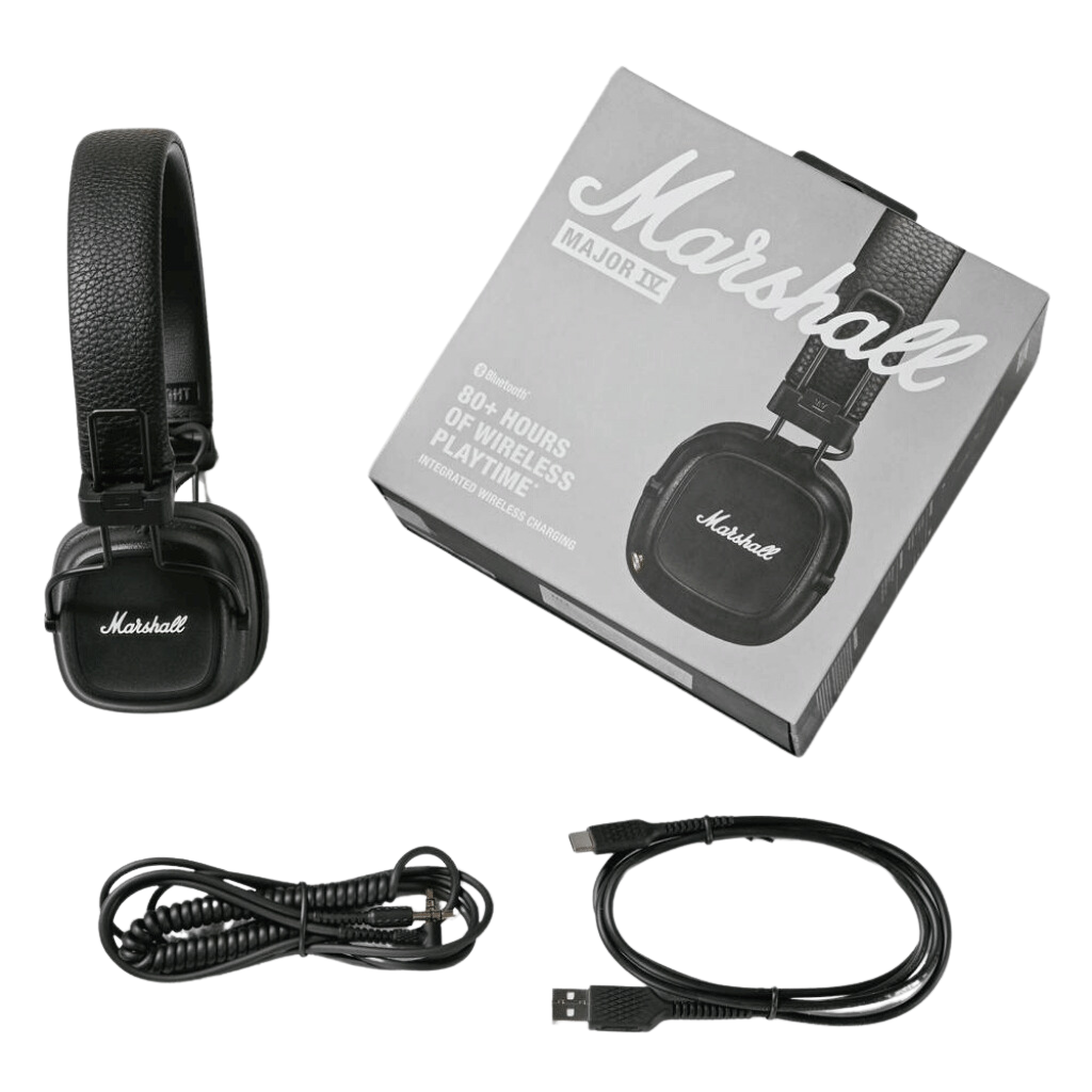 Wireless Headphone Major IV black box with acessories. This Bluetooth Headset have 80h of play time.
