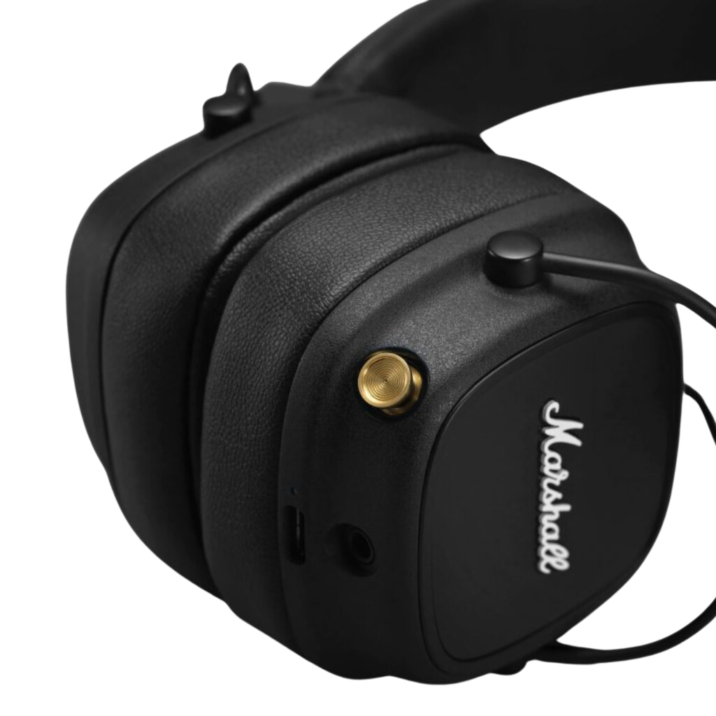 Wireless Headphone Major IV black showing detail of Knob Button. This Bluetooth Headset have 80h of play time.