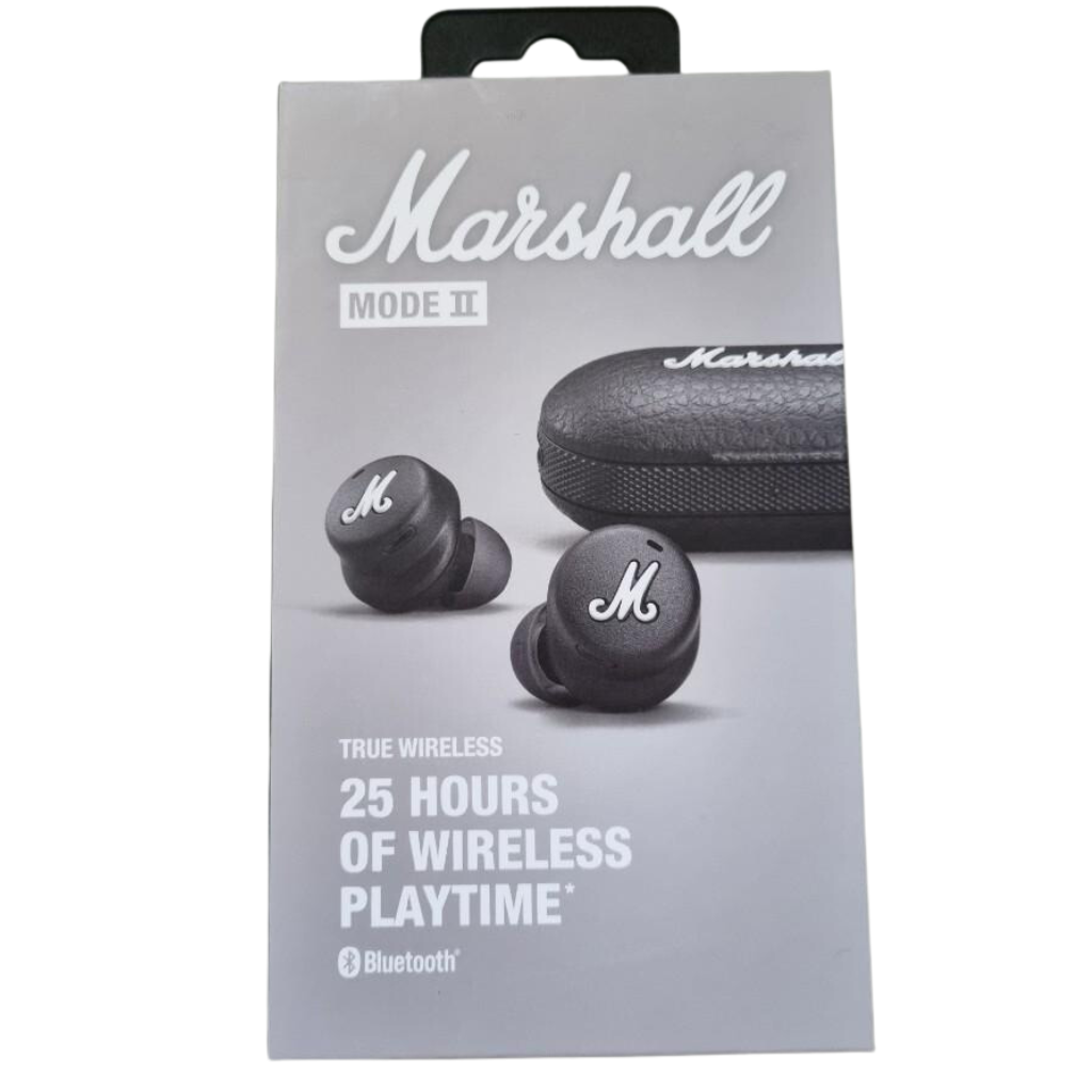 Mode II Box In-Ear Earbuds with Wireless Charge, Charging Case and Microphone in Black color.