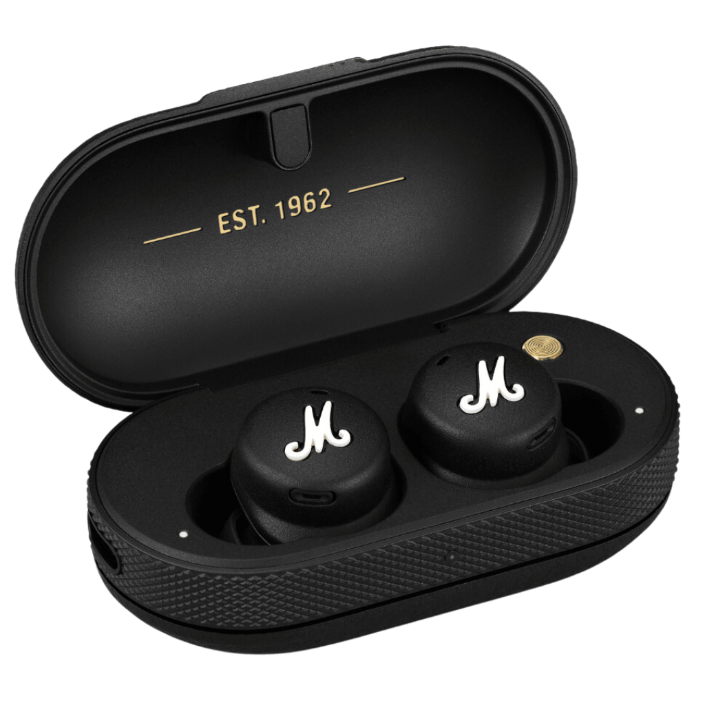 Mode II In-Ear Earbuds with Wireless Charge, Charging Case and Microphone in Black color.