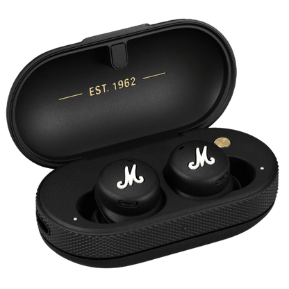 Mode II In-Ear Earbuds with Wireless Charge, Charging Case and Microphone in Black color.