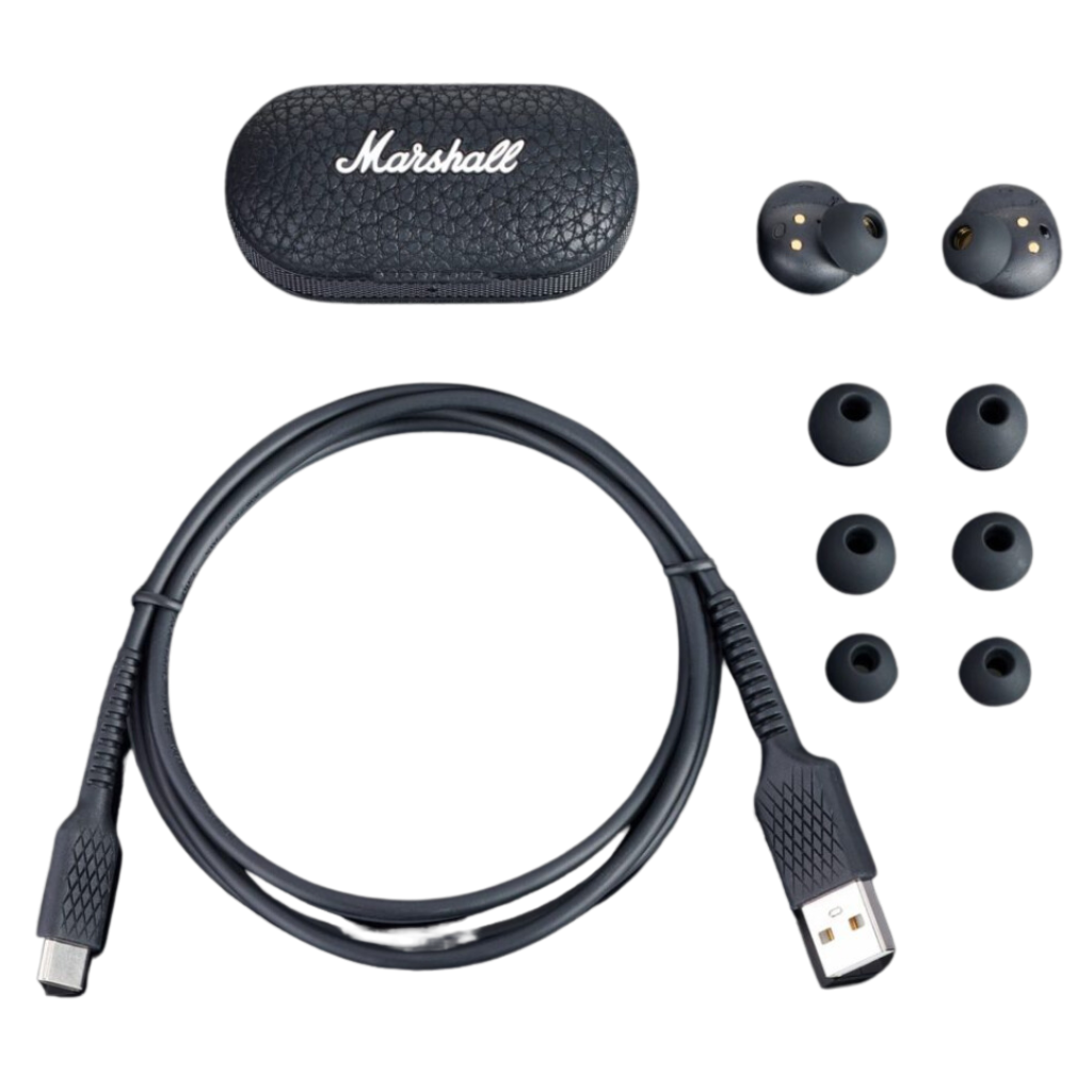 Mode II In-Ear Earbuds with Wireless Charge, Charging Case and Microphone in Black color.