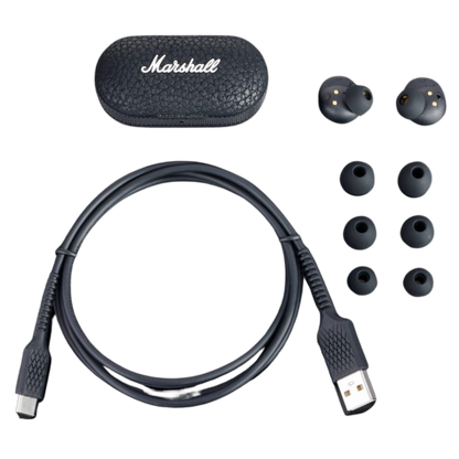 Mode II In-Ear Earbuds with Wireless Charge, Charging Case and Microphone in Black color.