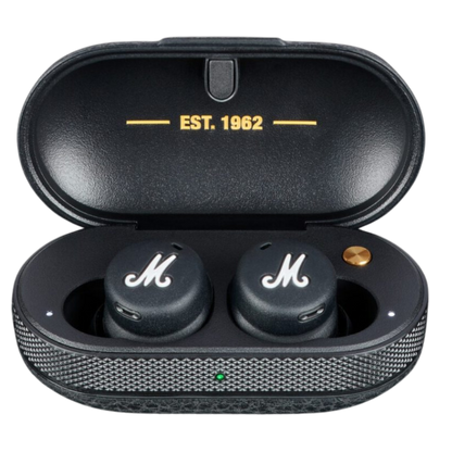 Mode II In-Ear Earbuds with Wireless Charge, Charging Case and Microphone in Black color.