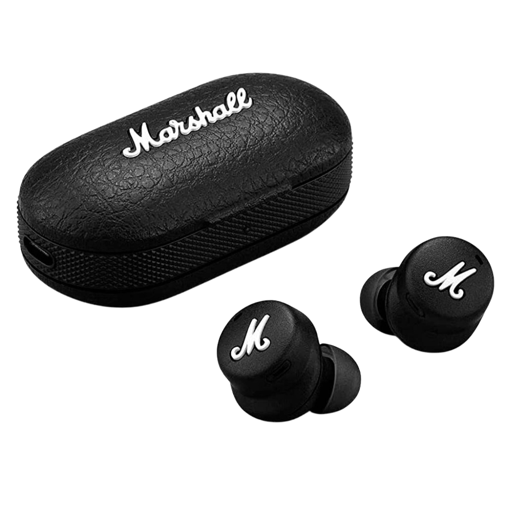 Mode II In-Ear Earbuds with Wireless Charge, Charging Case and Microphone in Black color.