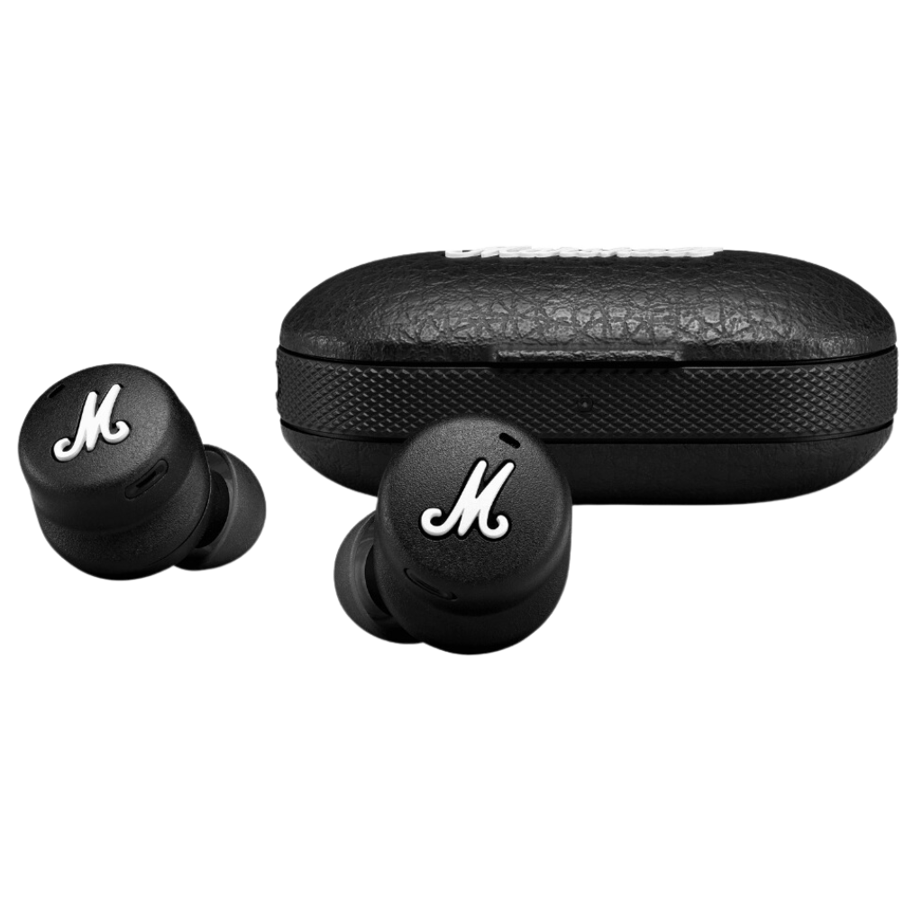 Mode II In-Ear Earbuds with Wireless Charge, Charging Case and Microphone in Black color.