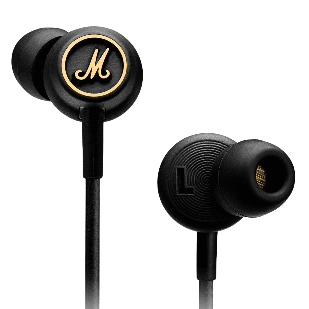 Mode EQ Wired In-Ear Earbuds in Black and Brass color. This headset also have micropohone for calls.