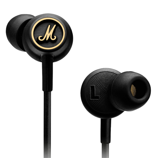 Mode-EQ Wired In-Ear Earbuds in Black and Brass color. This headset also have micropohone for calls.