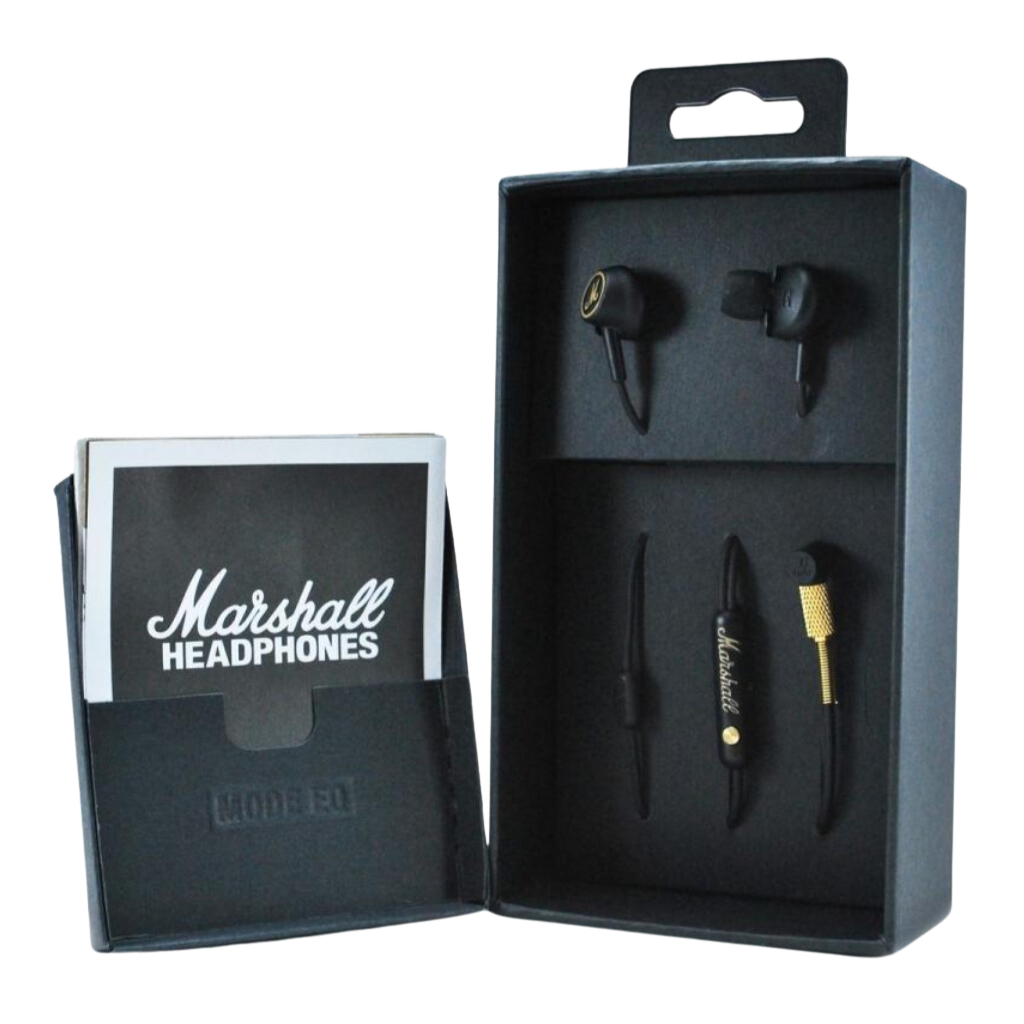 Mode EQ Wired In-Ear Earbuds in Black and Brass color. This headset also have micropohone for calls.