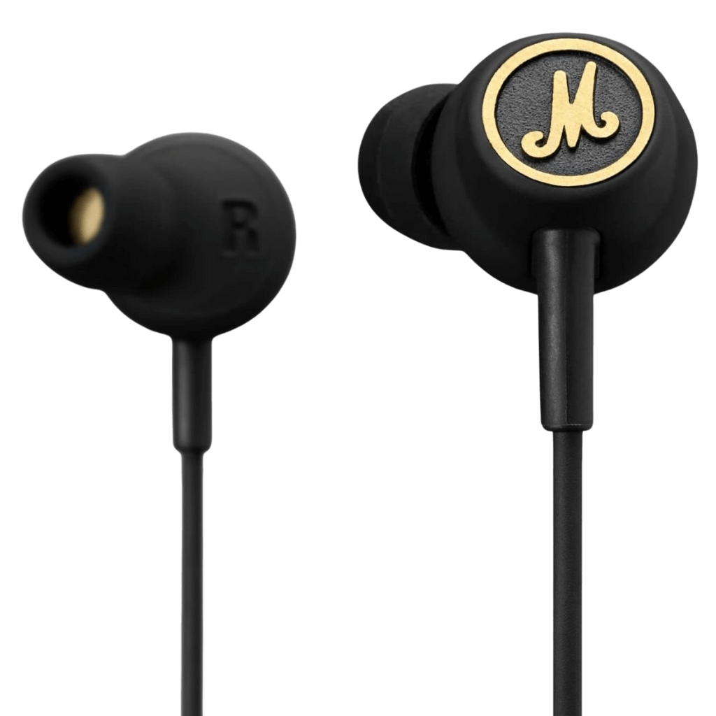 Mode EQ Wired In-Ear Earbuds in Black and Brass color. This headset also have micropohone for calls.