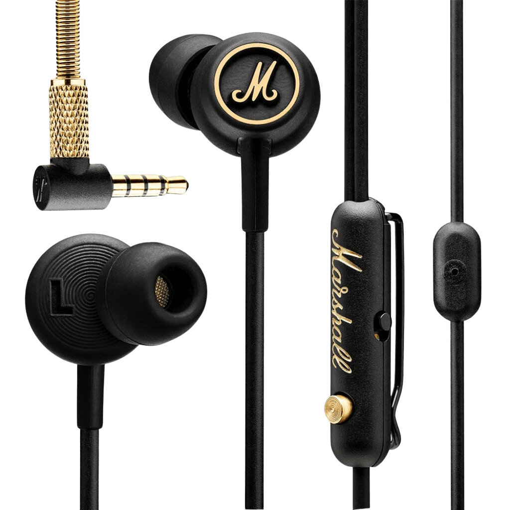 Mode EQ Wired In-Ear Earbuds in Black and Brass color. This headset also have micropohone for calls.