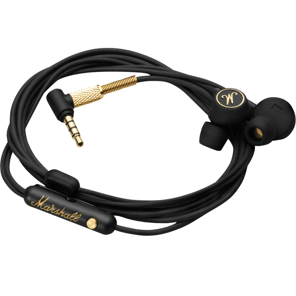 Mode EQ Wired In-Ear Earbuds in Black and Brass color. This headset also have micropohone for calls.