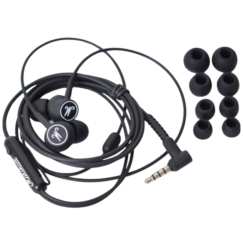 Mode Wired In-Ear Earbuds in Black and White color. This headset also have micropohone for calls.